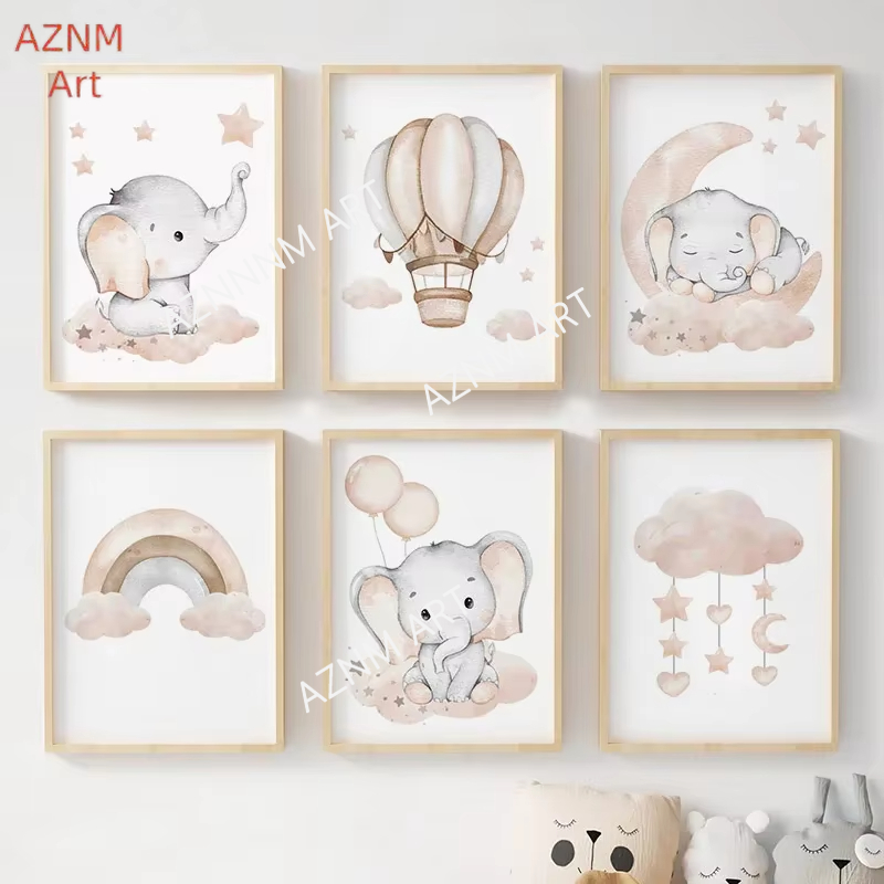 Baby Nursery Pictures - Pósteres de elefantes, globos, arcoíris, luna,