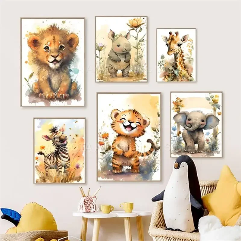 Baby Nursery Pictures - Acuarela León jirafa Tigre elefante cebra