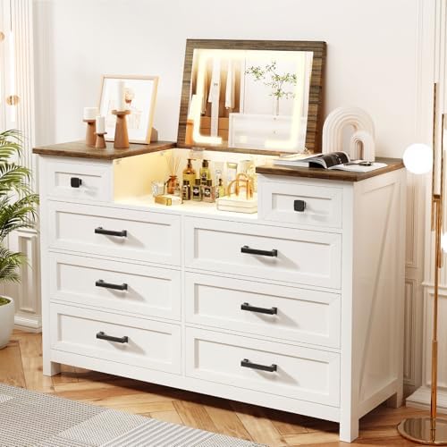 Drawer Dresser White - Cómoda con espejo LED, 8 cajones,
