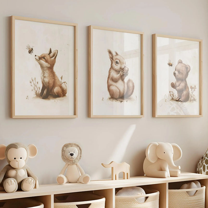 Baby Nursery Pictures - Póster de Animales: Oso, Conejo, Zorro,