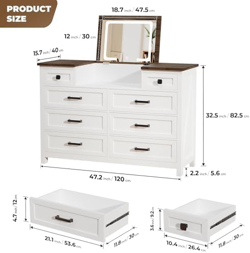 Cómoda con espejo LED, 8 cajon - Drawer Dresser White reseña y precio