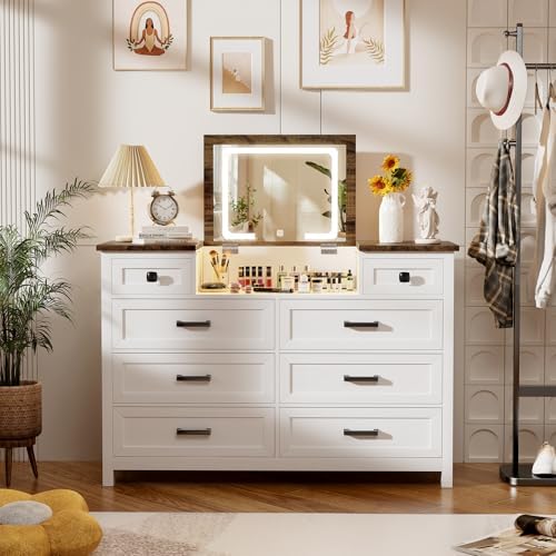 Cómoda con espejo LED, 8 cajon - Drawer Dresser White reseña y precio